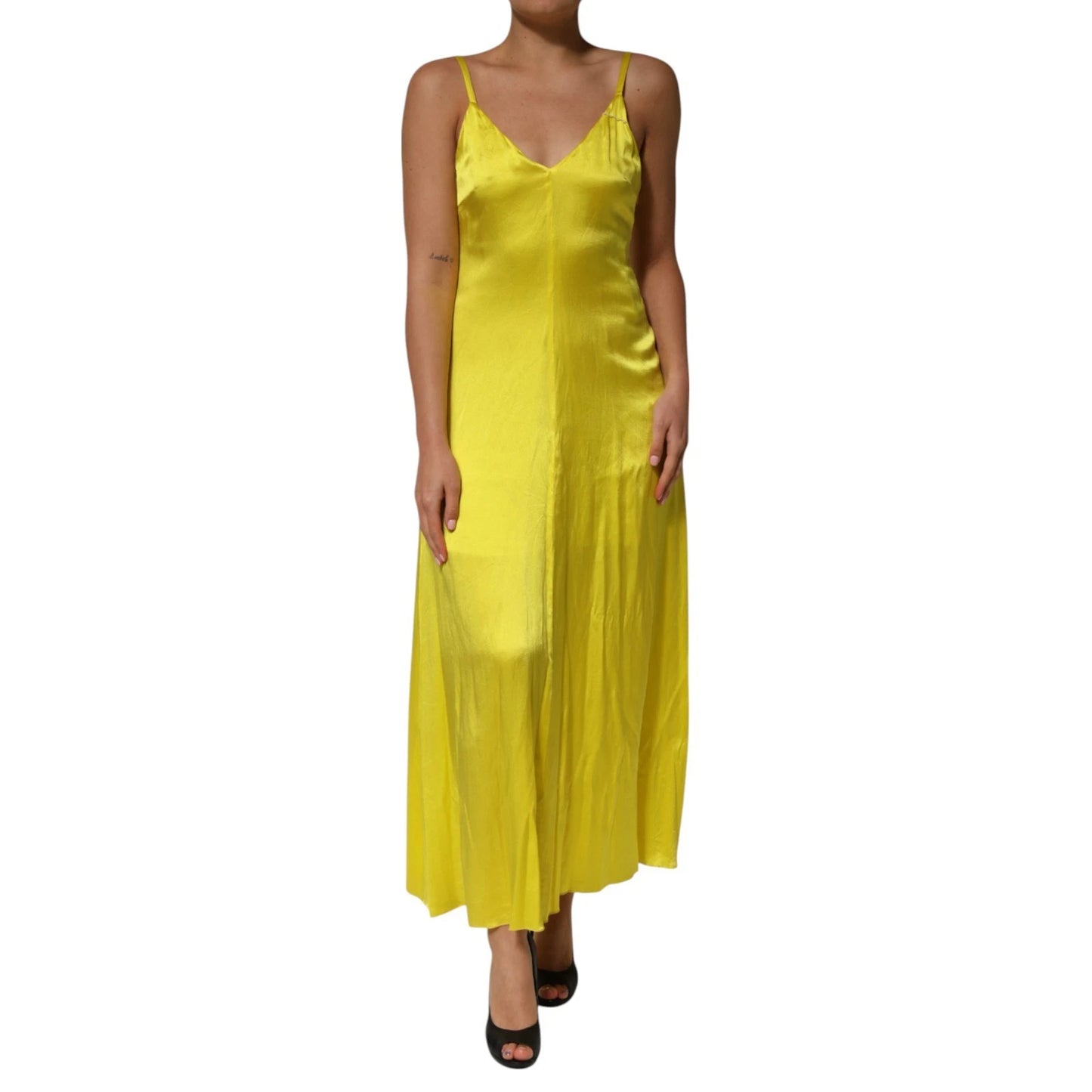 Tonello Gelbes Seiden-Satin-Slip-Maxi-Kleid mit Spaghetti-Trägern