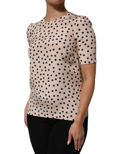 Dolce & Gabbana Beige Schwarz Polka Dot Seide Kurzarm Bluse Top