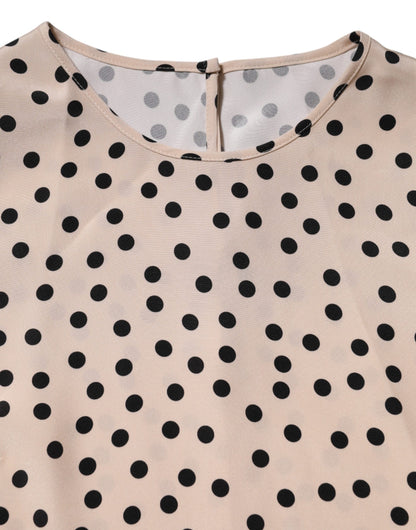 Dolce & Gabbana Beige Schwarz Polka Dot Seide Kurzarm Bluse Top