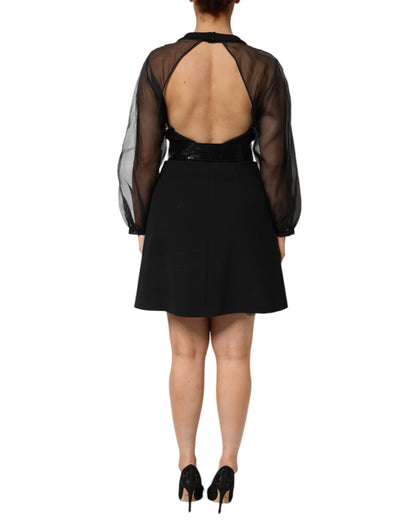 Emporio Armani Schwarzes Minikleid mit transparenten Ärmeln und Gürtel mit V-Ausschnitt