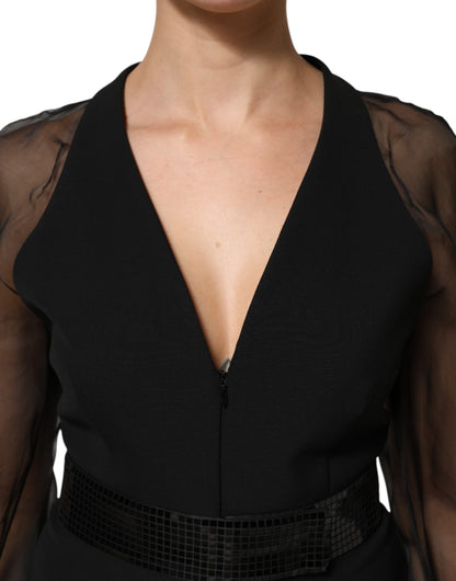 Emporio Armani Schwarzes Minikleid mit transparenten Ärmeln und Gürtel mit V-Ausschnitt