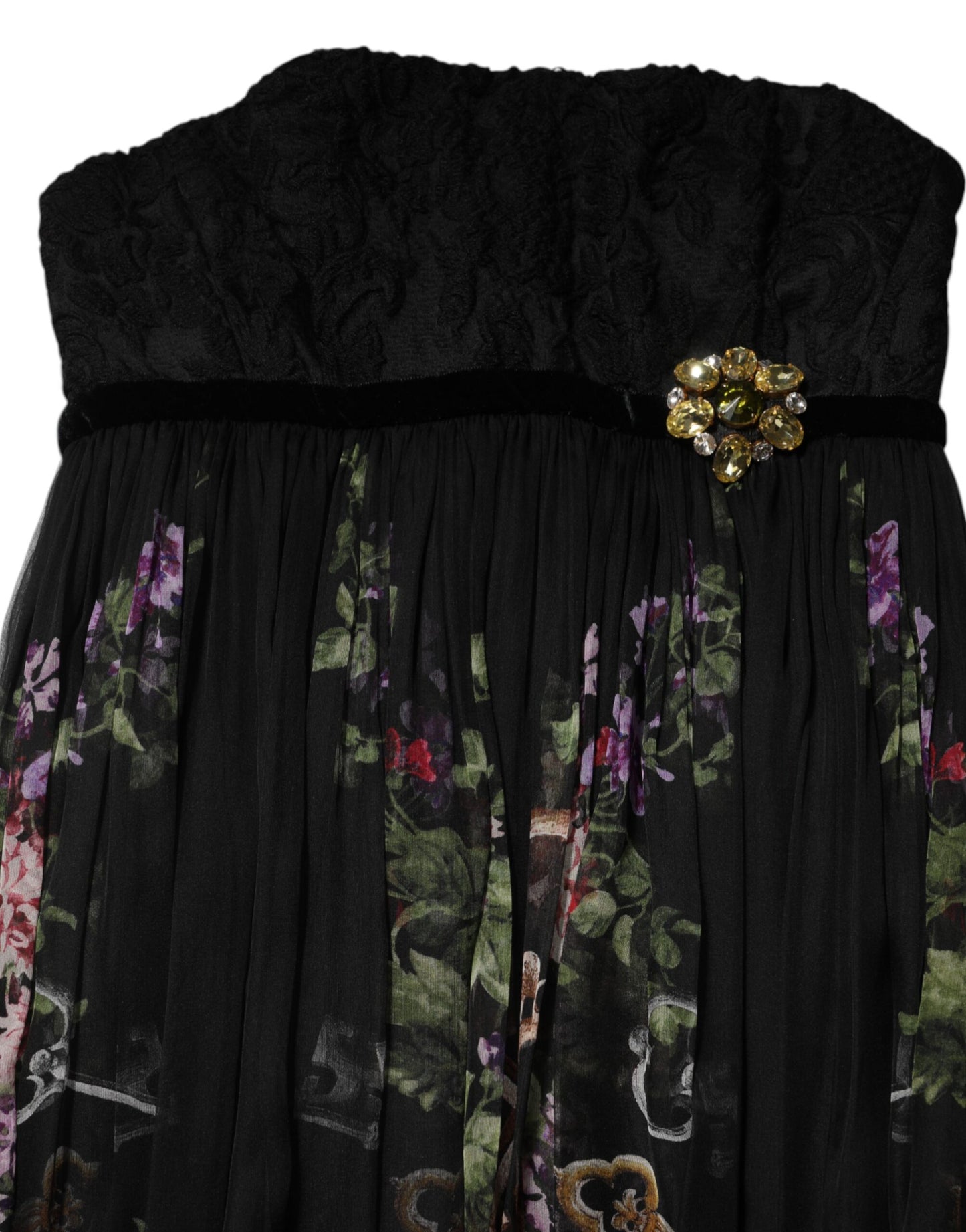 Dolce & Gabbana Schwarzes trägerloses Kleid mit Blumenmuster und Kristall