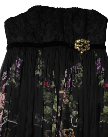 Dolce & Gabbana Schwarzes trägerloses Kleid mit Blumenmuster und Kristall