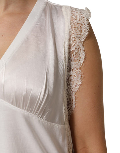 PINKO Weißes Seidenmischung Spitzenbesatz Ärmelloses V-Ausschnitt Damen Top