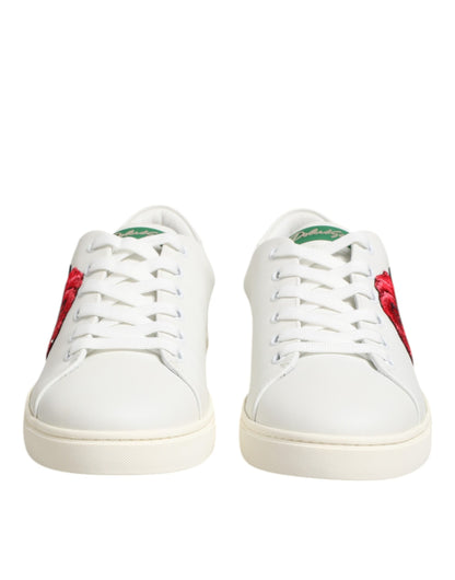 Dolce & Gabbana Weißes Leder mit Rosenstickerei Low-Top Schuhe