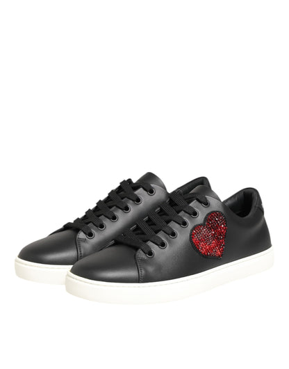 Dolce & Gabbana Schwarz Weiß Leder Kristall Herz Turnschuhe Schuhe