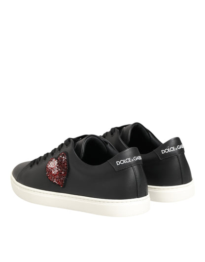 Dolce & Gabbana Schwarz Weiß Leder Kristall Herz Turnschuhe Schuhe
