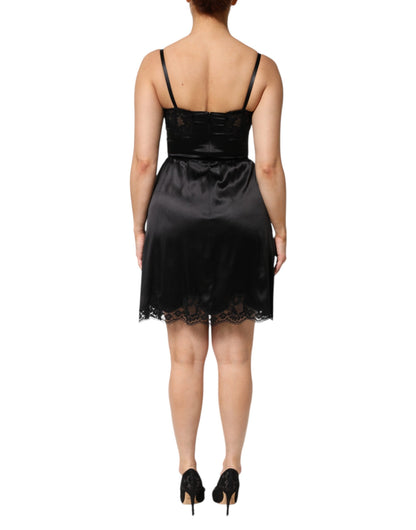 Dolce & Gabbana Schwarzes ärmelloses Minikleid mit Spitzenbesatz aus einer Seidenmischung