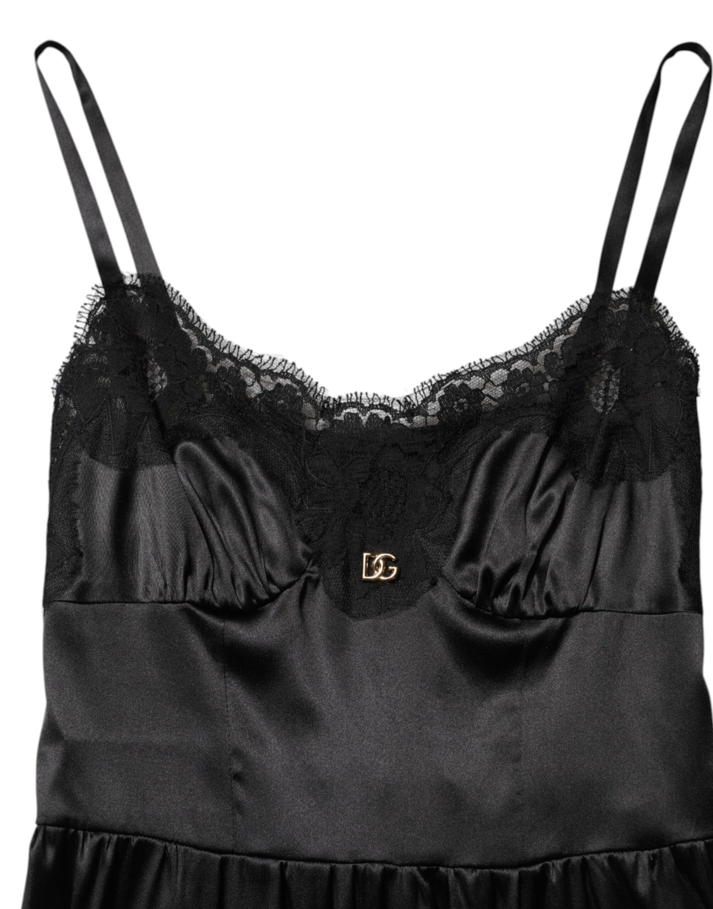 Dolce & Gabbana Schwarzes ärmelloses Minikleid mit Spitzenbesatz aus einer Seidenmischung