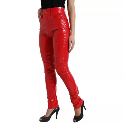 Dolce & Gabbana Rote High Waist Skinny Hose Shiny Pants