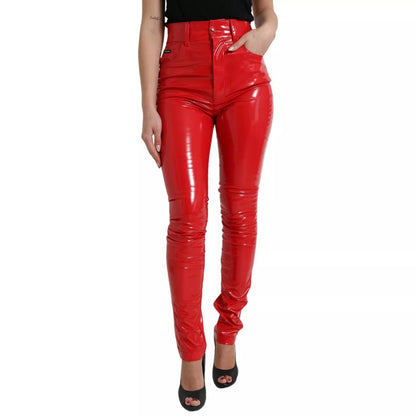 Dolce & Gabbana Rote High Waist Skinny Hose Shiny Pants