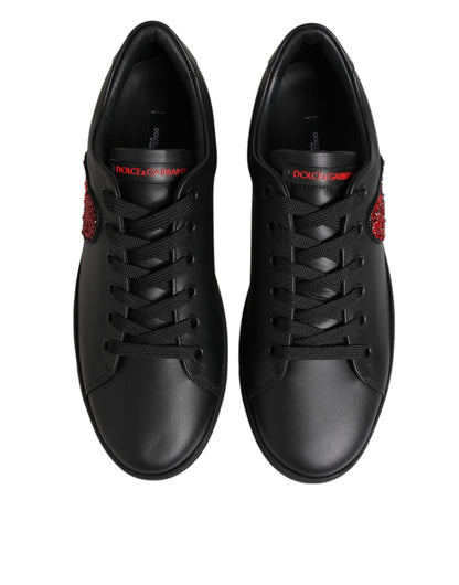 Dolce & Gabbana Schwarz Leder Crystal Heart Low Top Sneakers Schuhe