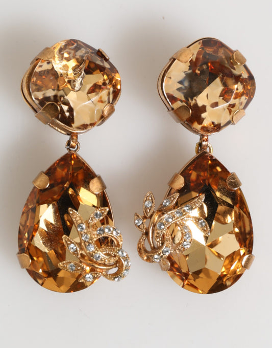 Dolce & Gabbana Gold Crystal Drop Clip-On Strass Blumenschmuck Ohrringe