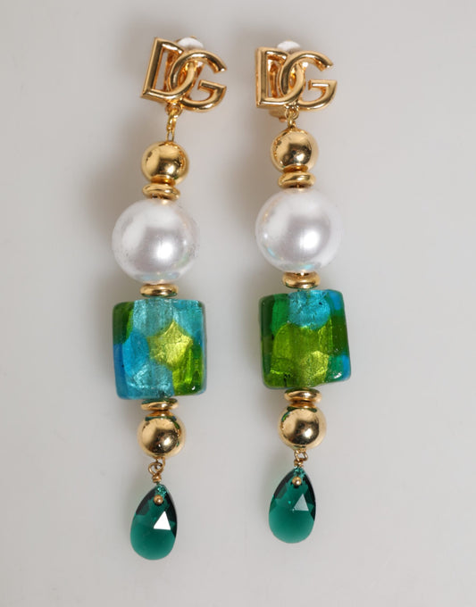 Dolce & Gabbana Gold Messing Mehrfarbig Perle Grün Blau Tropfen Logo DG Ohrringe