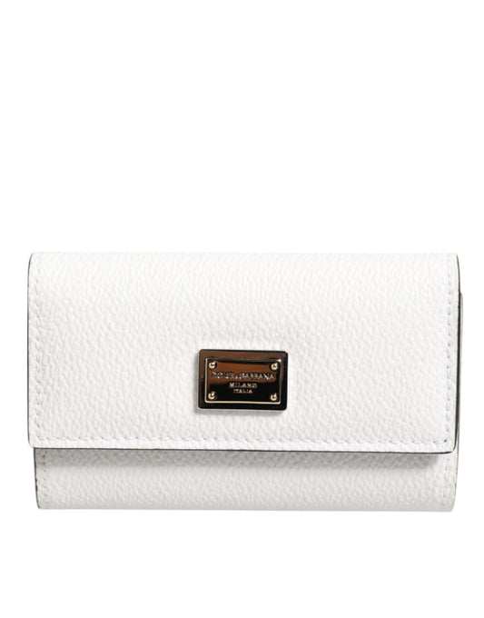 Dolce & Gabbana Weißes Leder Kartenetui Brieftasche Gold Logo Platte Schlüsselanhänger