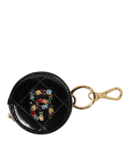 Dolce & Gabbana Schwarzes Lammleder DG Crystal Logo Round Coin Purse Wallet