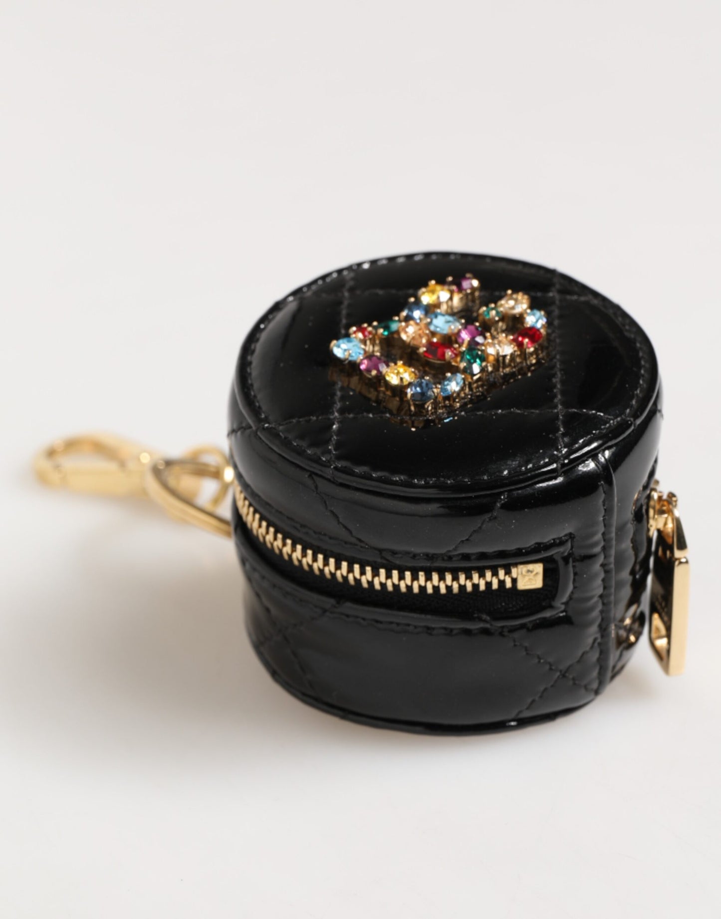 Dolce & Gabbana Schwarzes Lammleder DG Crystal Logo Round Coin Purse Wallet