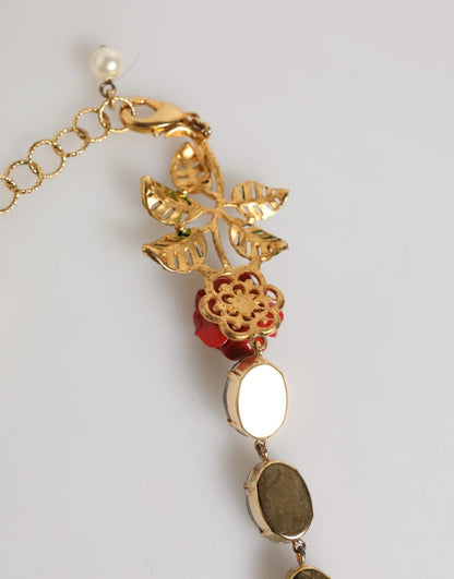 Dolce & Gabbana Rot Rose Grün Kristall Gold-Ton Kette Halskette