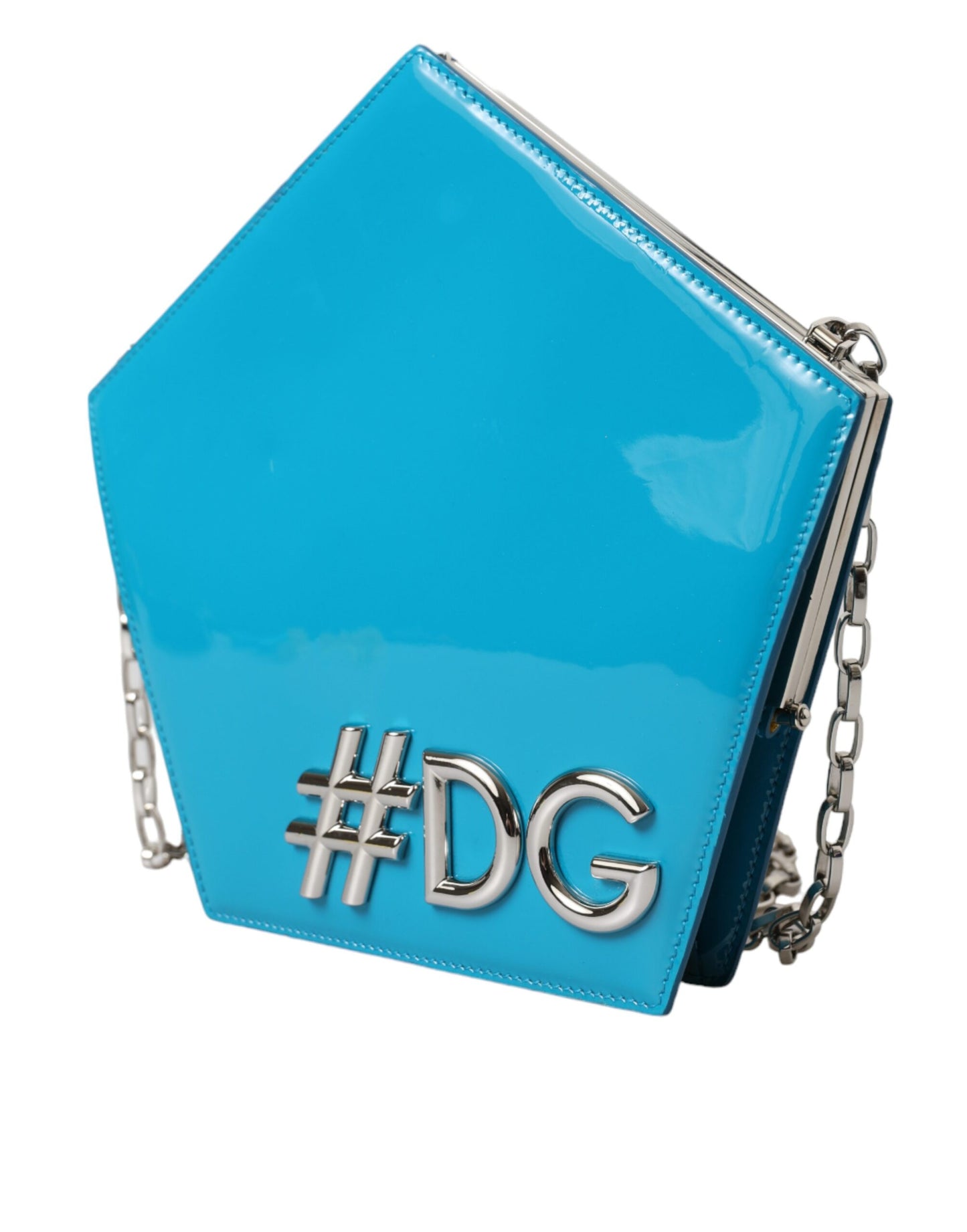 Dolce & Gabbana Blaue Lackleder Hashtag DG Schultertasche mit Kettenumschlag