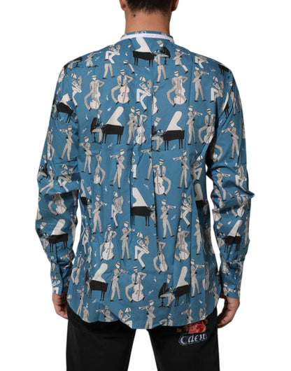 Dolce & Gabbana Blaues Jazz-Hemd aus bedruckter Baumwolle mit Knopfleiste