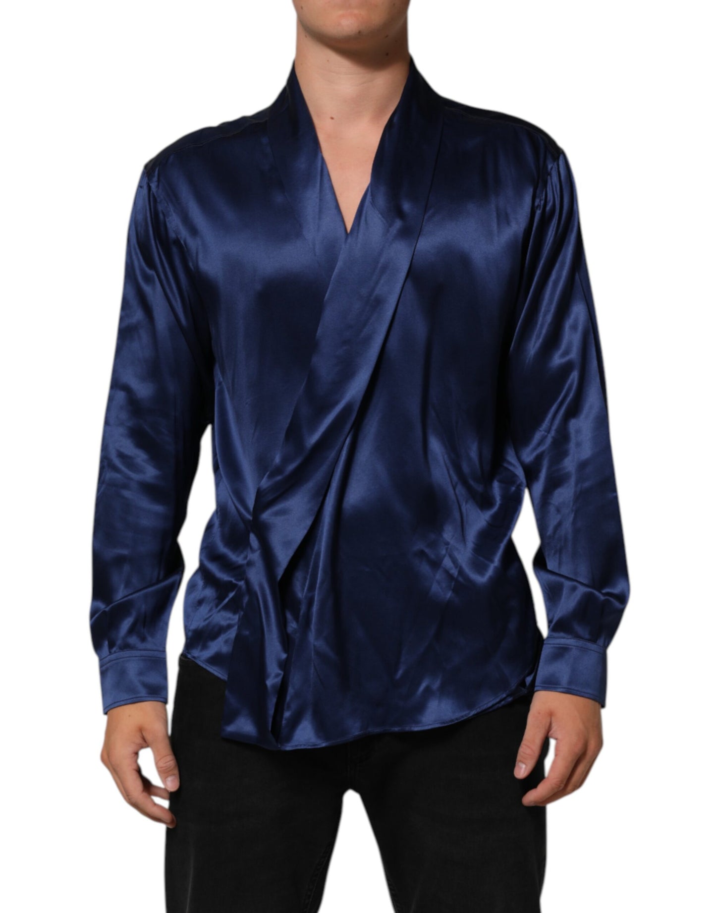 Dolce & Gabbana Blaues Oversize-Hemd aus Seidensatin mit langen Ärmeln