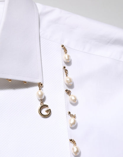 Dolce & Gabbana Weißes DG-Logo-Perlen-GOLD-Hemd aus Baumwolle für den formellen Anlass