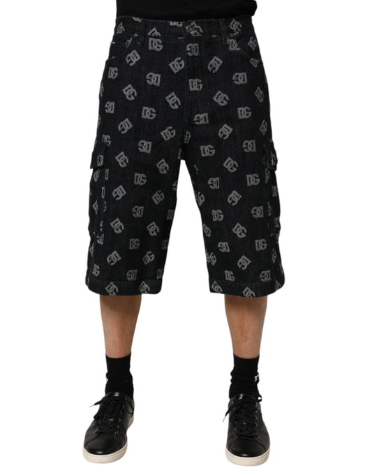 Dolce & Gabbana Schwarzes Monogramm Denim Cargo Herren Bermuda Short