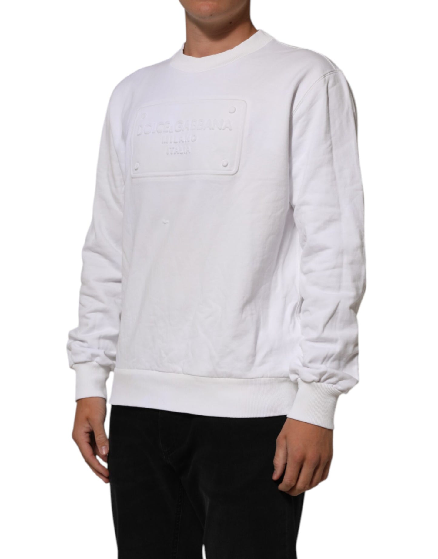 Dolce & Gabbana Weißes geprägtes Logo Männer Sweatshirt Pullover