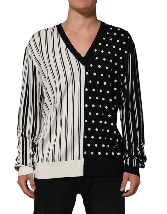 Dolce & Gabbana Schwarz-weiß gestreifter V-Ausschnitt Pullover mit Polka