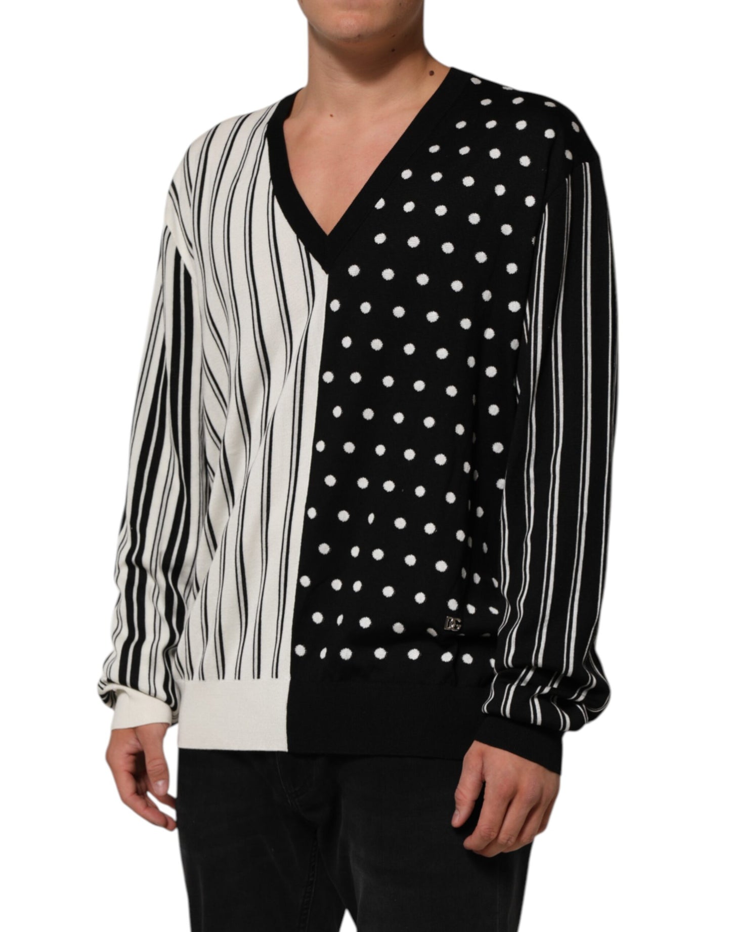 Dolce & Gabbana Schwarz-weiß gestreifter V-Ausschnitt Pullover mit Polka