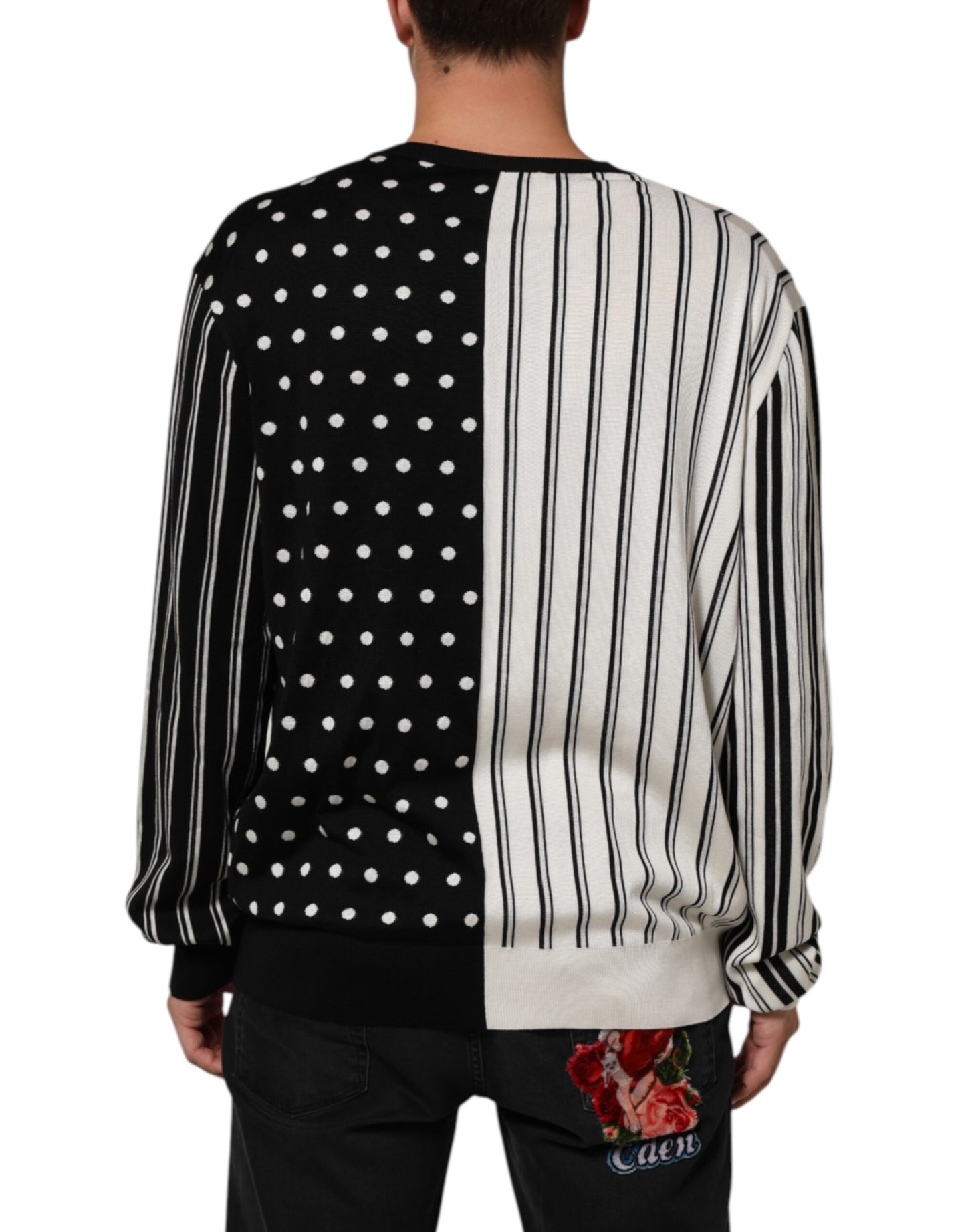 Dolce & Gabbana Schwarz-weiß gestreifter V-Ausschnitt Pullover mit Polka