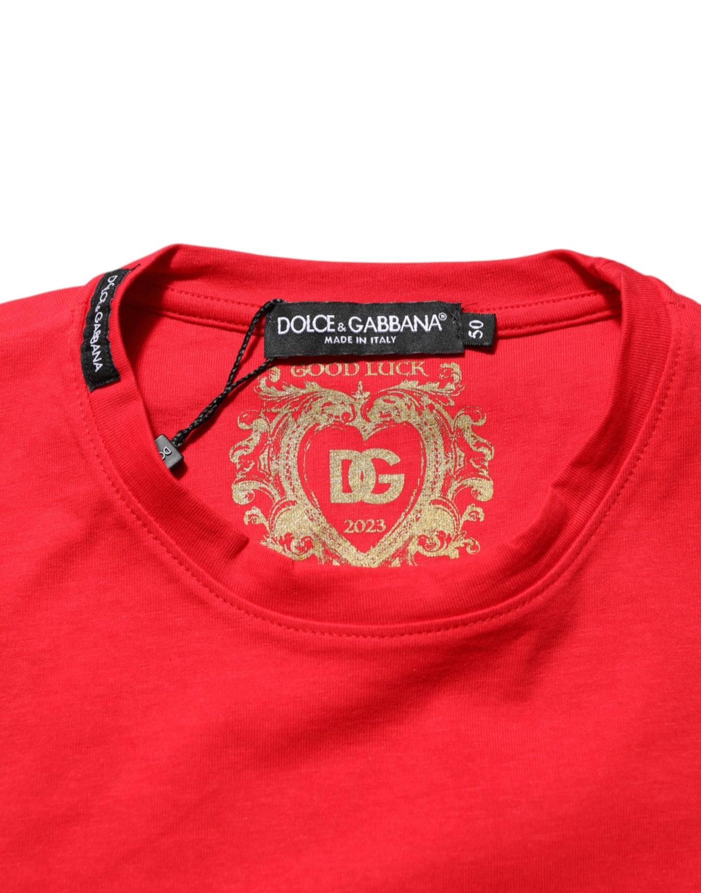 Dolce & Gabbana Rotes Goodluck 2023 Baumwoll-T-Shirt mit Rundhalsausschnitt