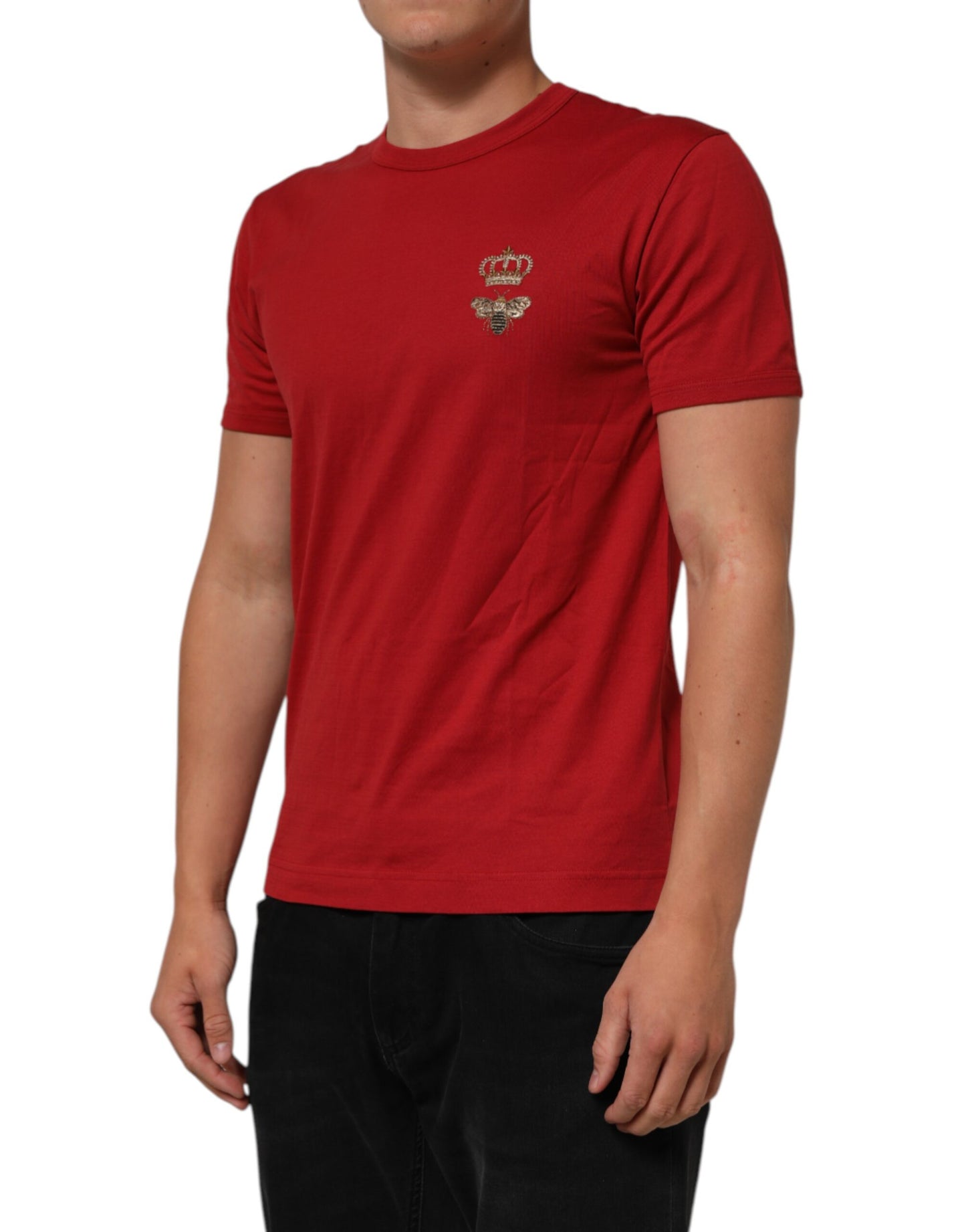 Dolce & Gabbana Rotes Crown Bee Baumwoll-T-Shirt mit kurzen Ärmeln