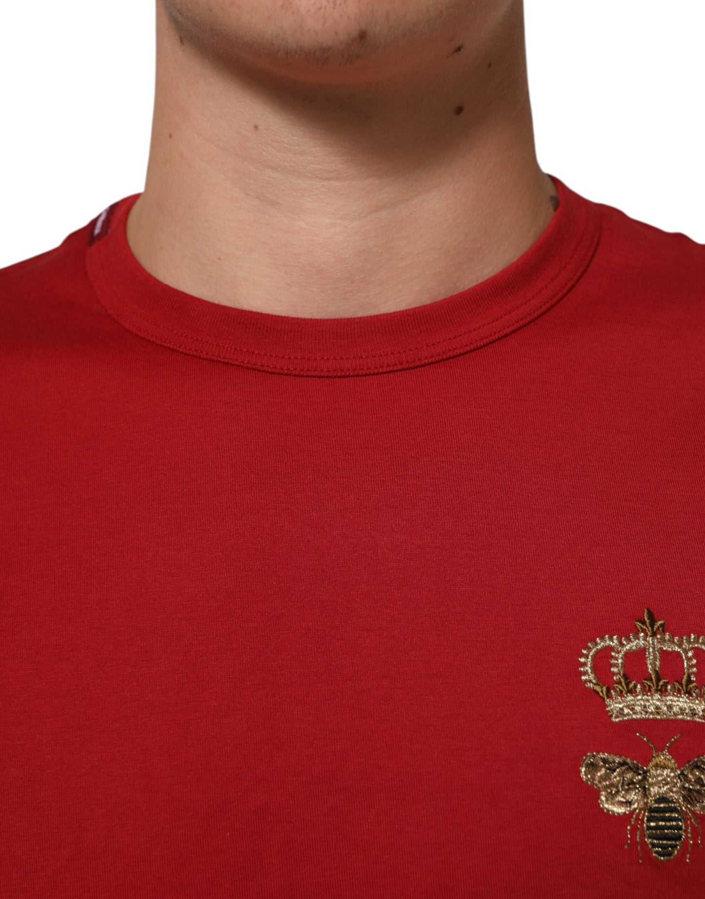 Dolce & Gabbana Rotes Crown Bee Baumwoll-T-Shirt mit kurzen Ärmeln