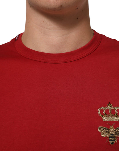 Dolce & Gabbana Rotes Crown Bee Baumwoll-T-Shirt mit kurzen Ärmeln