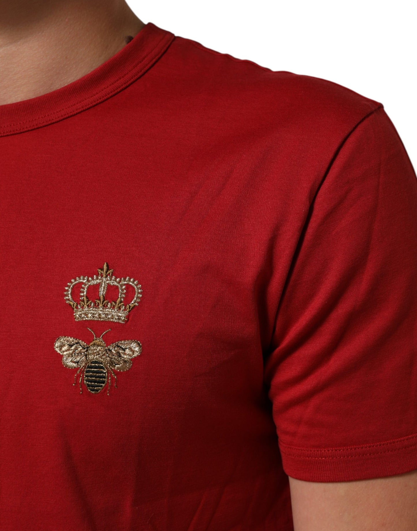 Dolce & Gabbana Rotes Crown Bee Baumwoll-T-Shirt mit kurzen Ärmeln