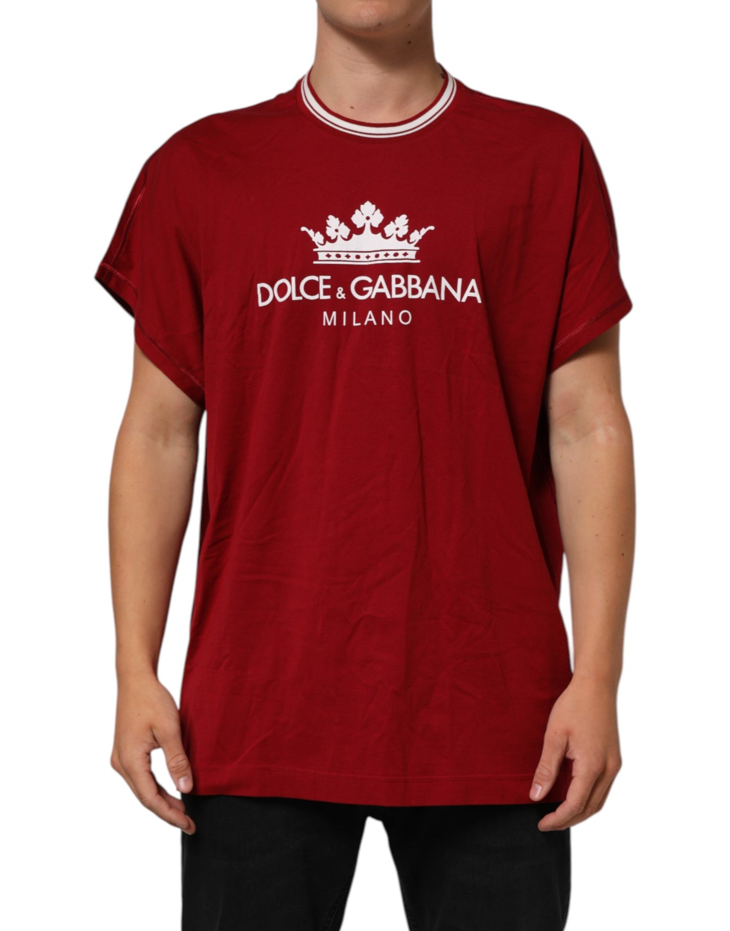 Dolce & Gabbana Maroon LogoCrown Baumwoll-T-Shirt mit halben Ärmeln
