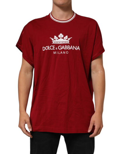 Dolce & Gabbana Maroon LogoCrown Baumwoll-T-Shirt mit halben Ärmeln