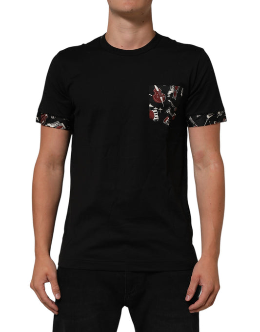 Dolce & Gabbana Schwarzes T-Shirt mit Rundhalsausschnitt aus Baumwolle mit Musical-Druck