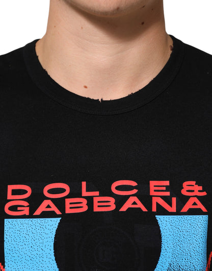 Dolce & Gabbana Schwarzes T-Shirt mit Rundhalsausschnitt aus Baumwolle mit Musical-Druck