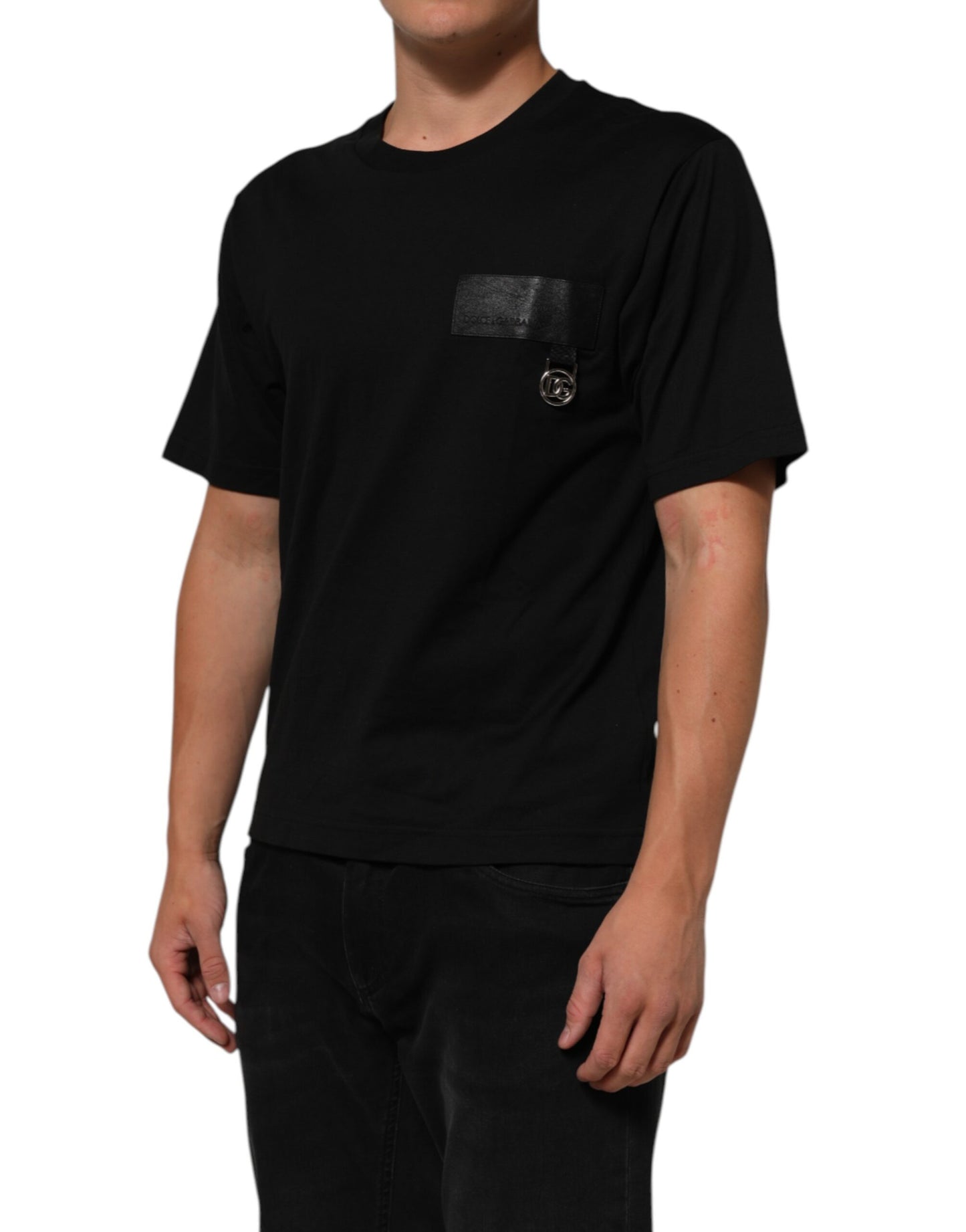 Dolce & Gabbana Schwarzes Logo-Plakette Baumwolle T-Shirt mit Rundhalsausschnitt