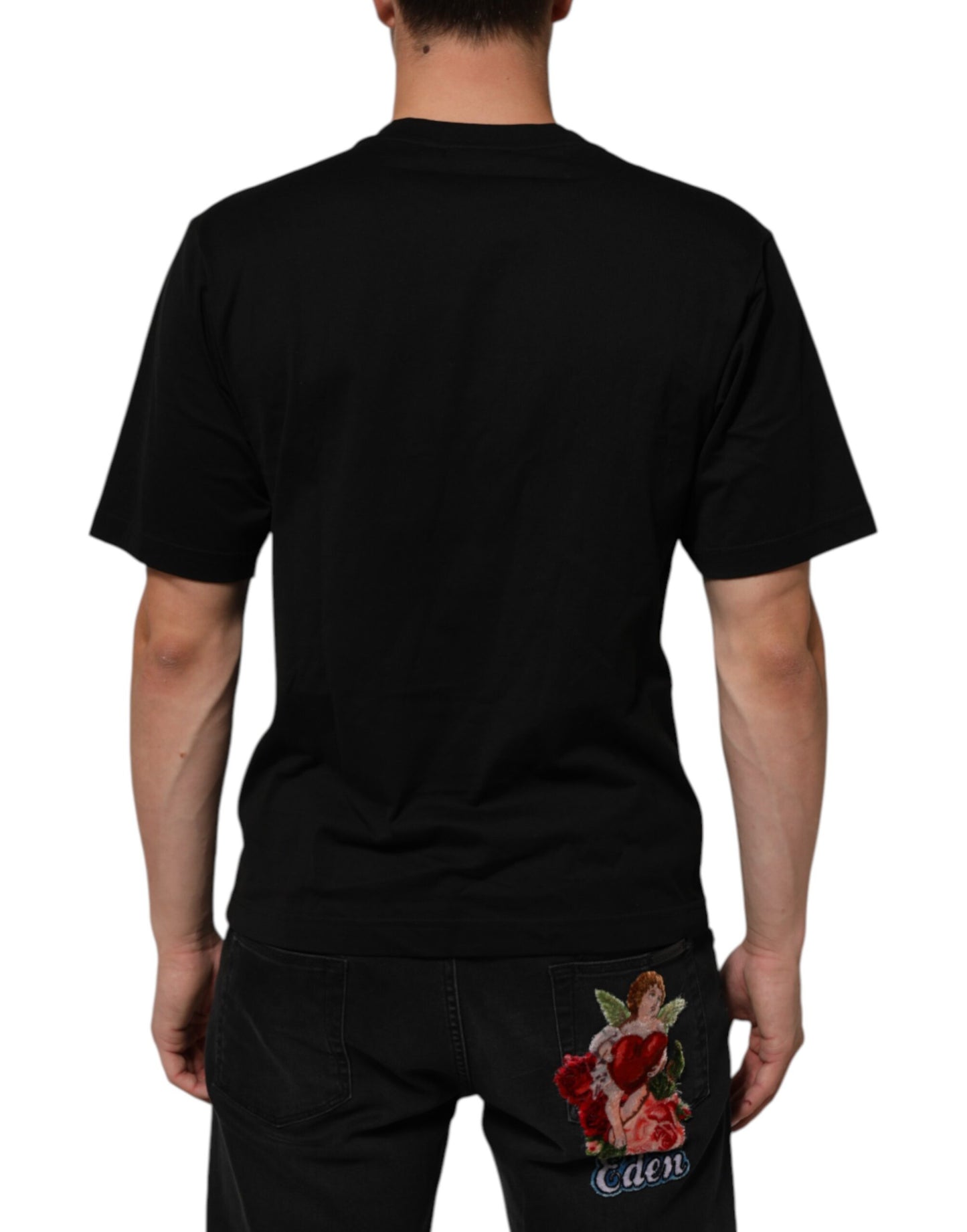 Dolce & Gabbana Schwarzes Logo-Plakette Baumwolle T-Shirt mit Rundhalsausschnitt