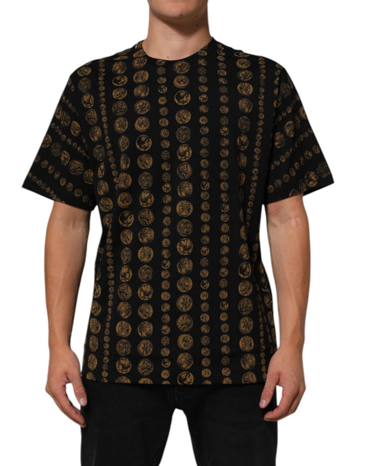 Dolce & Gabbana Schwarzes Baumwoll-T-Shirt mit Rundhalsausschnitt und Münzdruck
