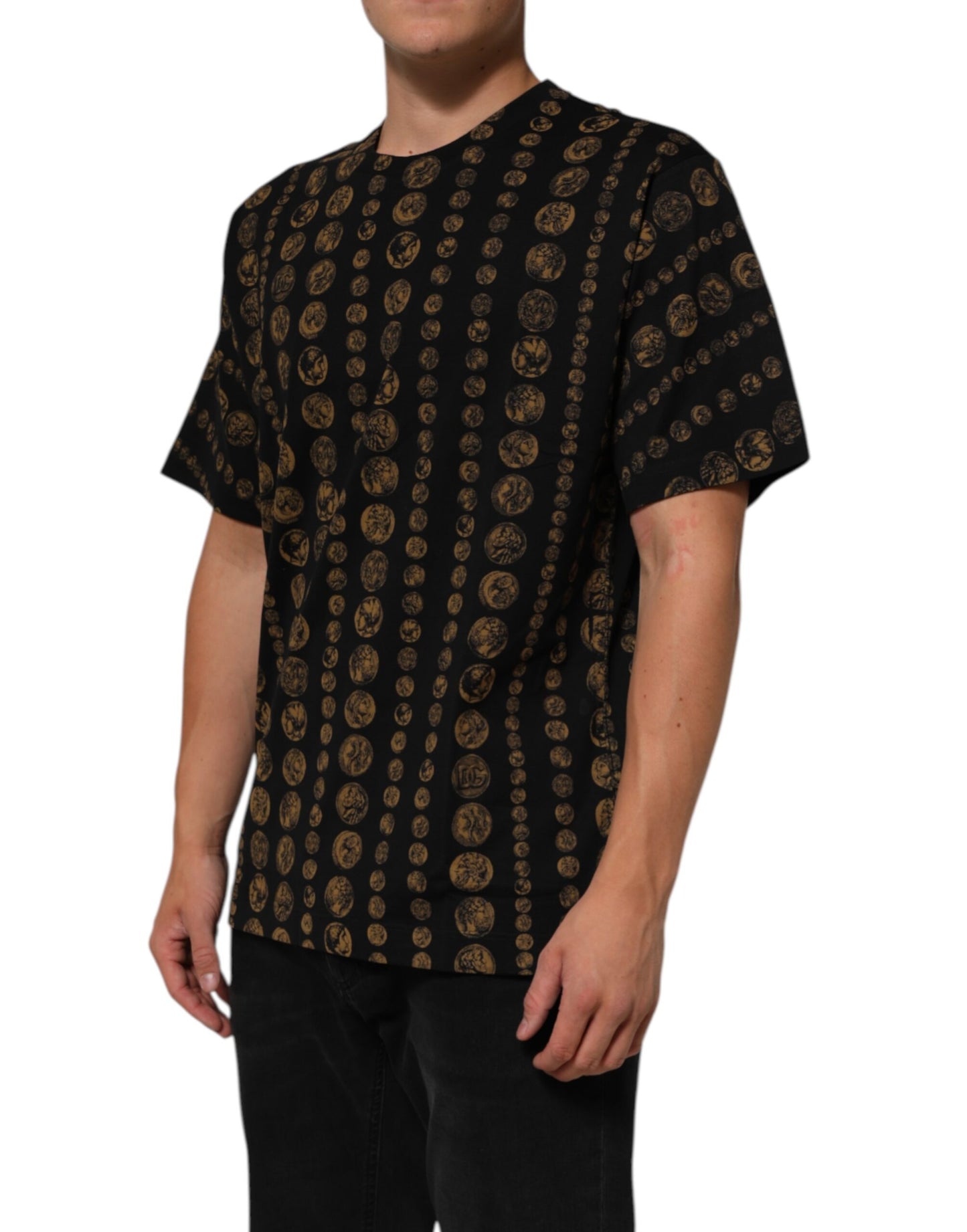 Dolce & Gabbana Schwarzes Baumwoll-T-Shirt mit Rundhalsausschnitt und Münzdruck