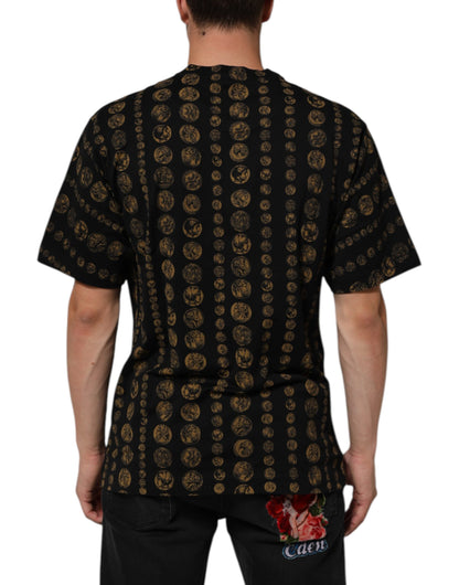 Dolce & Gabbana Schwarzes Baumwoll-T-Shirt mit Rundhalsausschnitt und Münzdruck