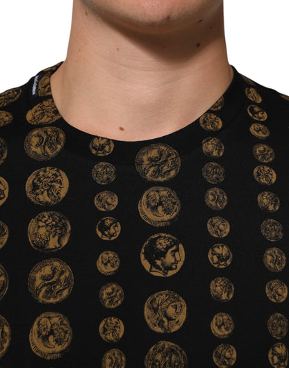 Dolce & Gabbana Schwarzes Baumwoll-T-Shirt mit Rundhalsausschnitt und Münzdruck
