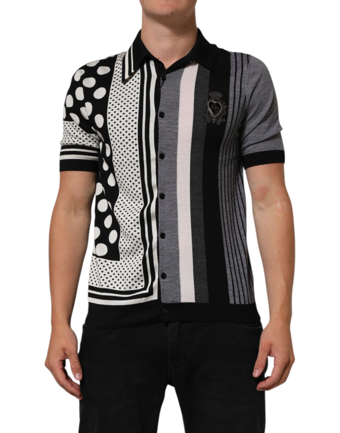 Dolce & Gabbana Schwarz-Weißes gepunktetes Poloshirt mit Kragen