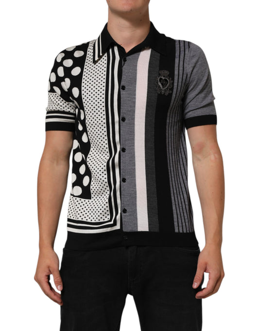 Dolce & Gabbana Schwarz-Weißes gepunktetes Poloshirt mit Kragen