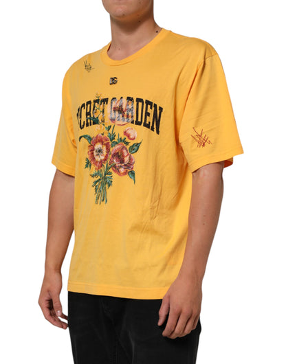 Dolce & Gabbana Gelbes Secret Graden Floral Baumwoll-T-Shirt mit Rundhalsausschnitt