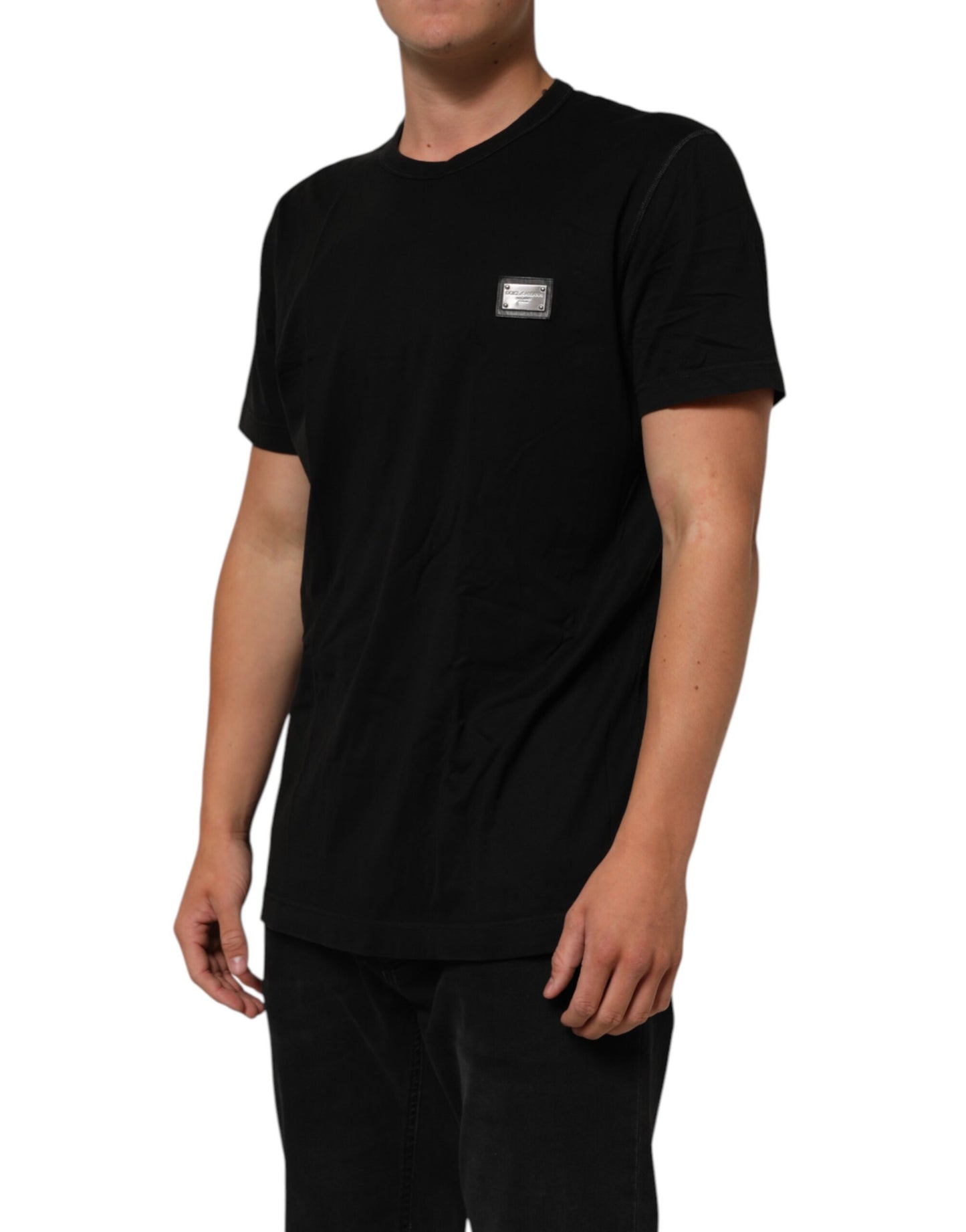 Dolce & Gabbana Schwarzes Logo-Plakette Baumwolle T-Shirt mit Rundhalsausschnitt